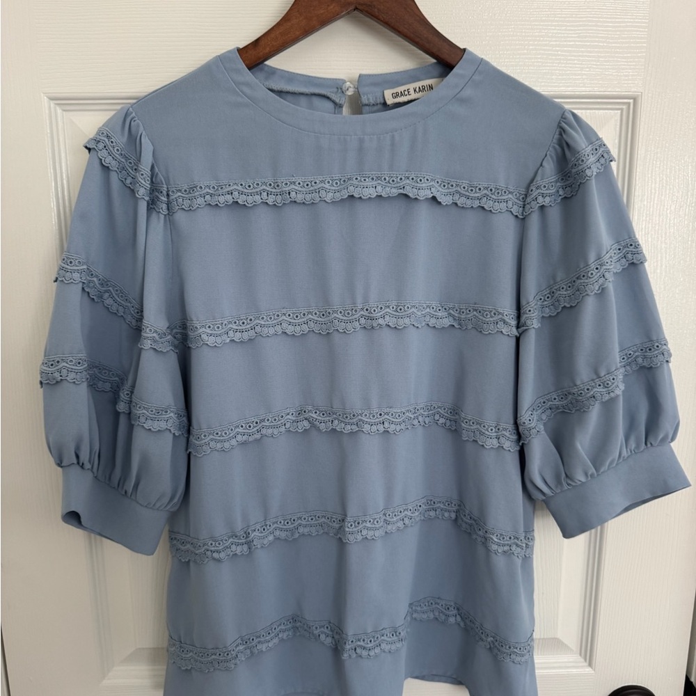 Grace Karin Powder Blue Lace-Panel Puff Sleeve Blouse